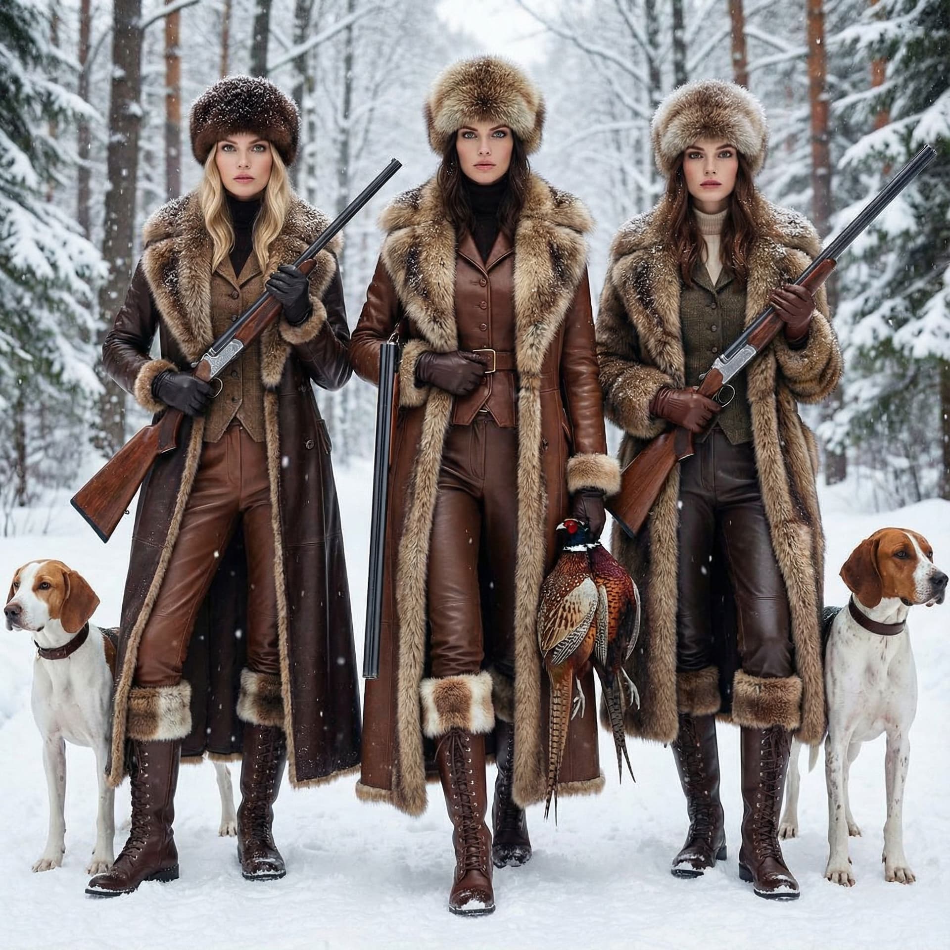 AI generated: Stylish modische 3 Dominante  Jägerinnen ganz in Leder, Lederbrechess, auf der Jagd gerinnen ganz in...