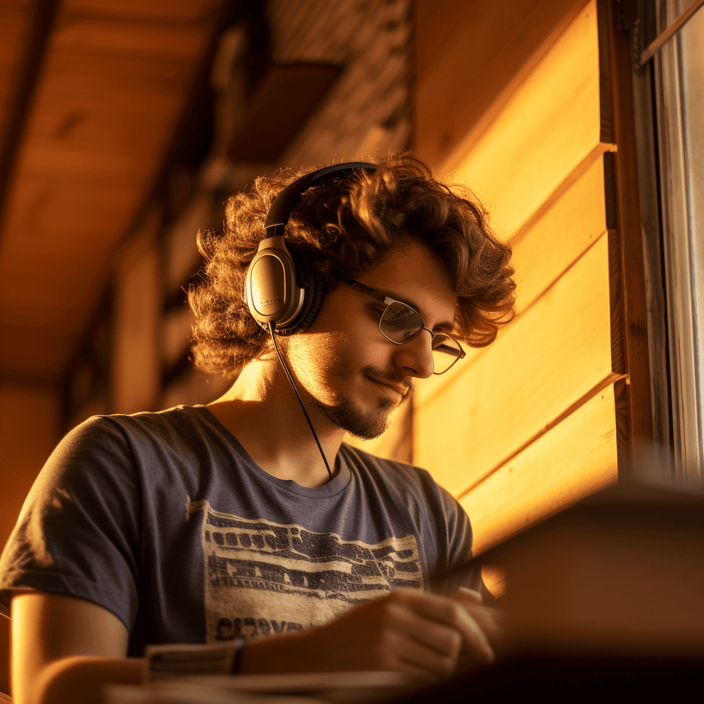 AI generated: 25 year old man with headphones, lost in a book. Curly hair. Glasses perched on his nose. Cozy bedro...