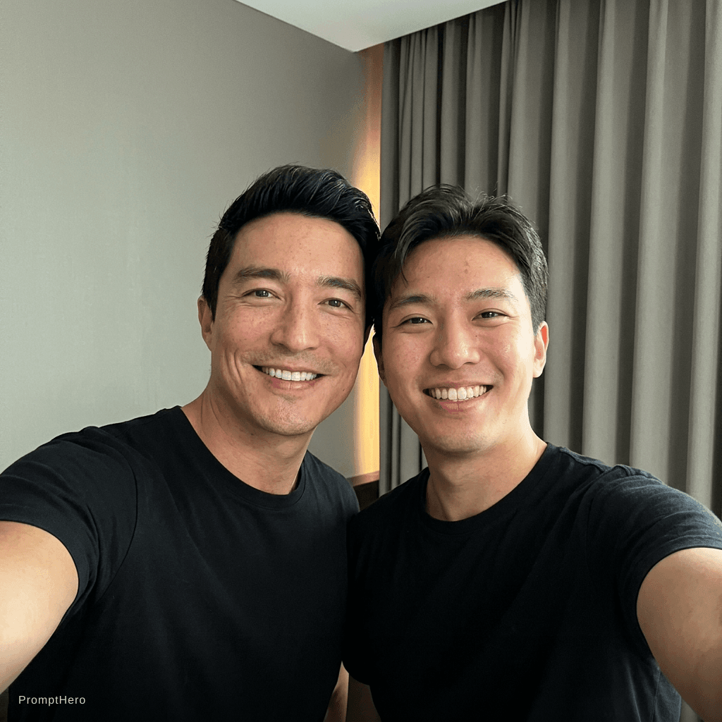 AI generated: Add daniel Henney on a black t shirt on the picture background 