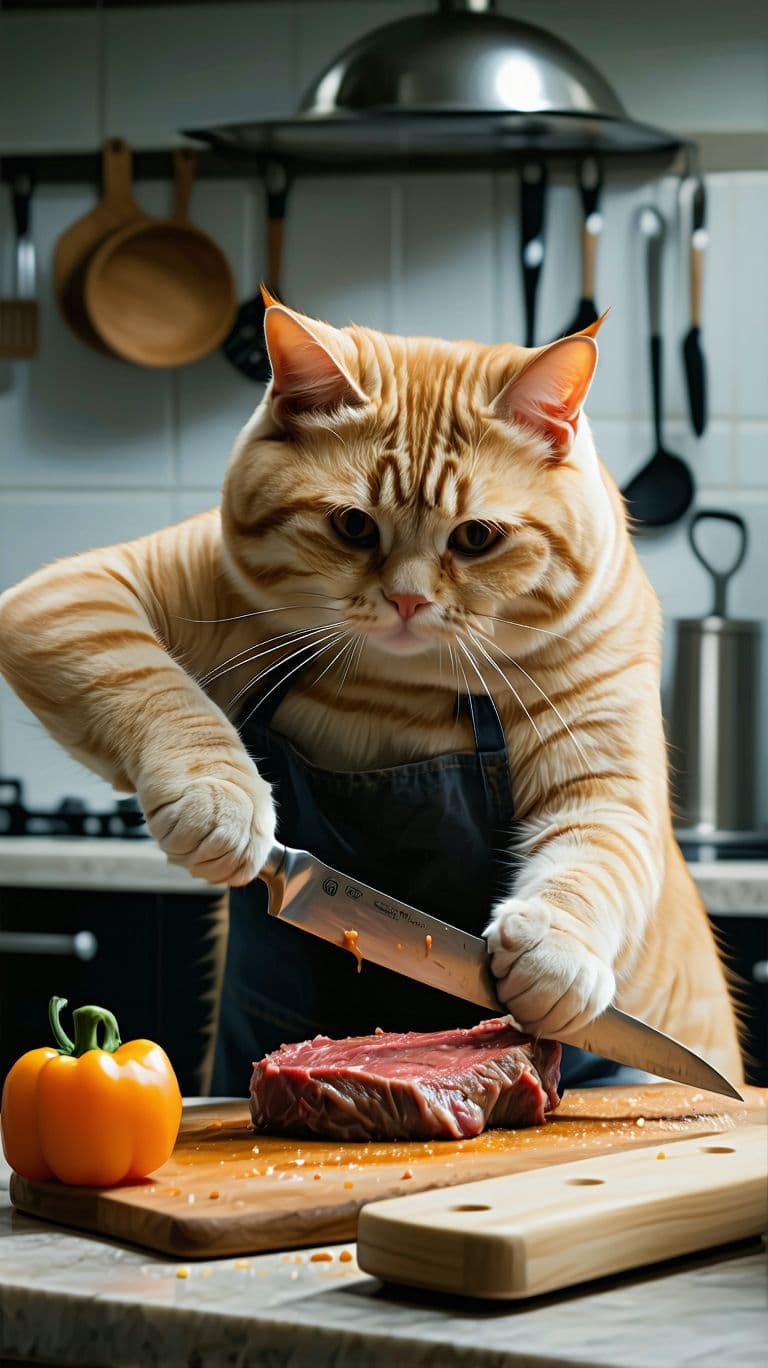 AI generated: orange lazy cute fat cat is cutting a steak in the kitchen.