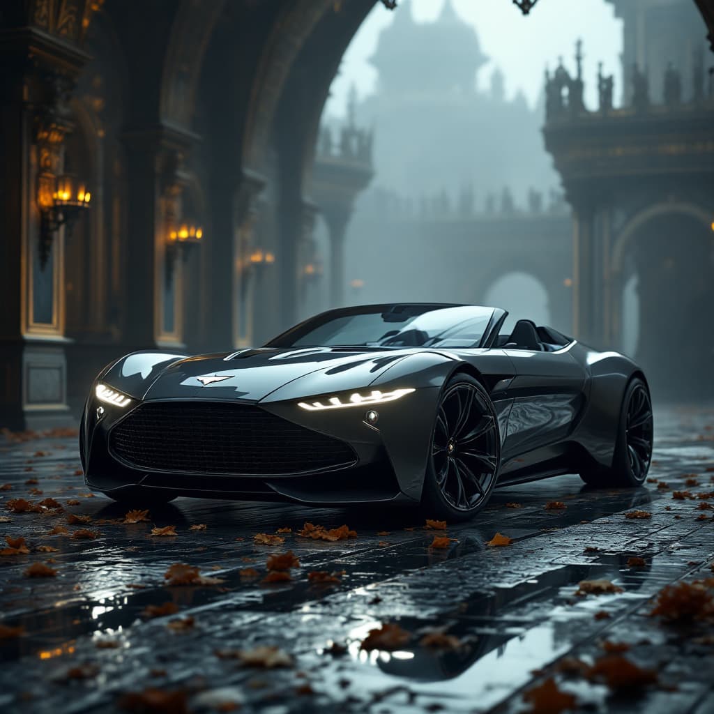 AI generated: General outline of a latest model 2024 Austin Martin convertible in futuristic style,  with glowing ...