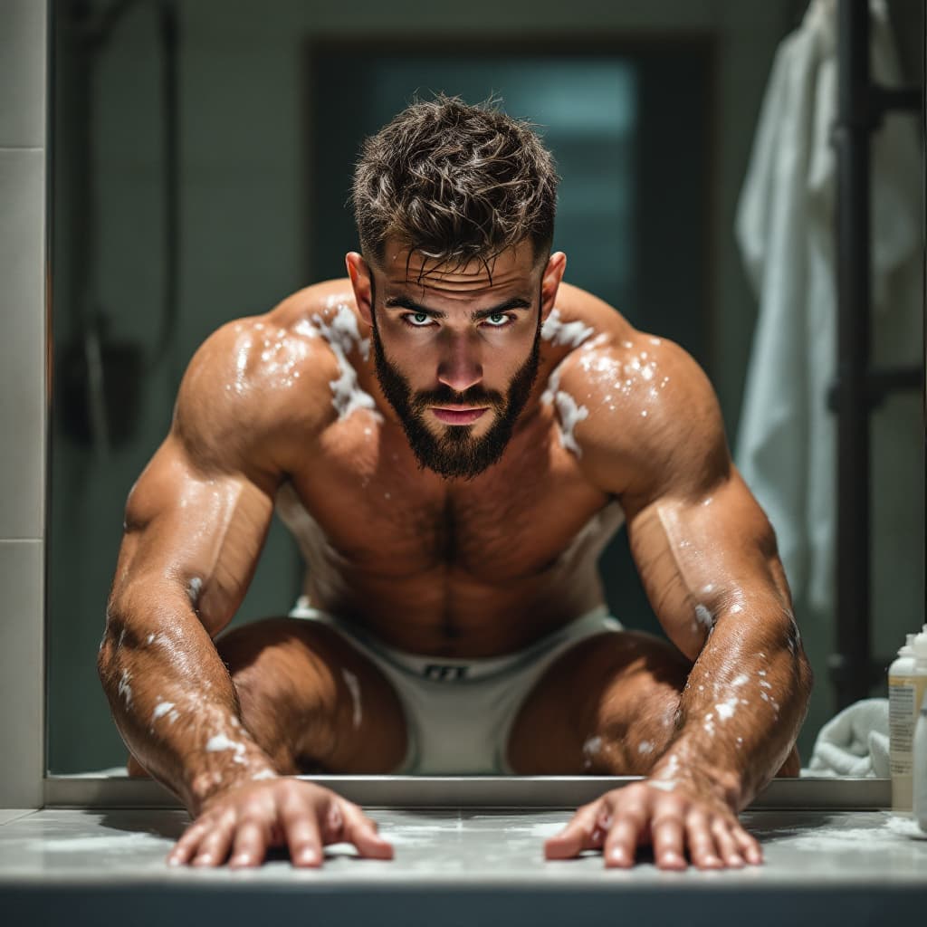AI generated: MMA fighter. 20 years old. Very similar to Erko Jun. On his knees. Flexing.  Bathroom. Green eyes. C...