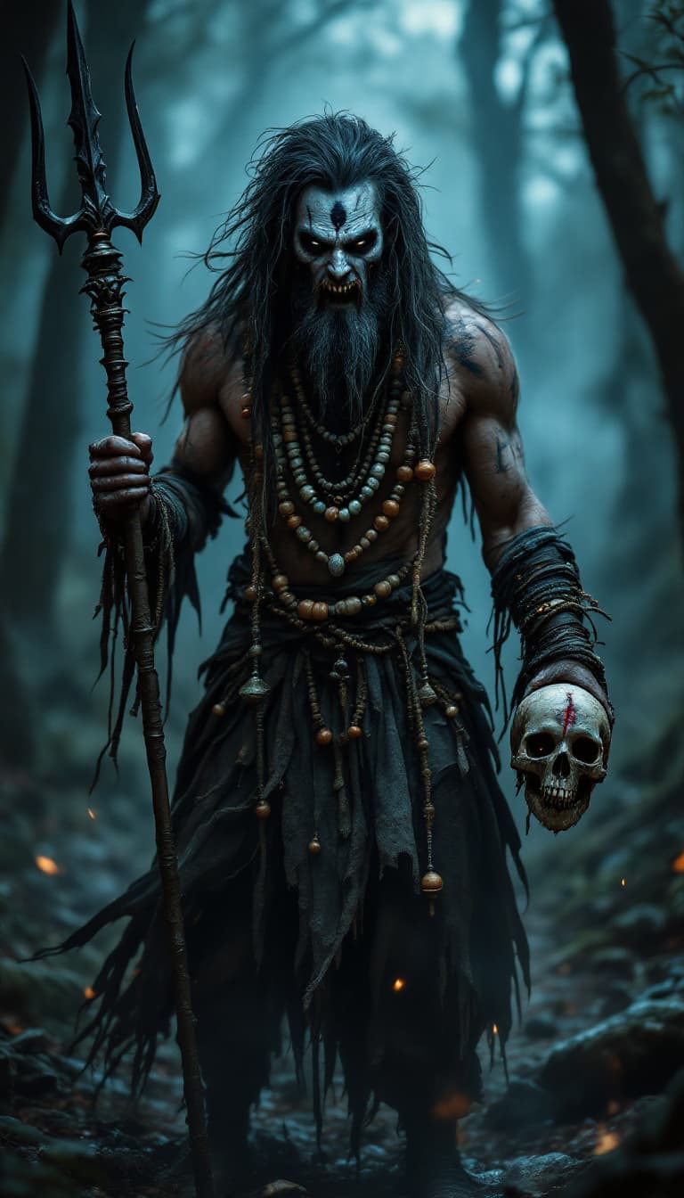 AI generated: HIGH DEFINITION -Create a mysterious and eerie tantrik character set in a dark, misty forest at nigh...