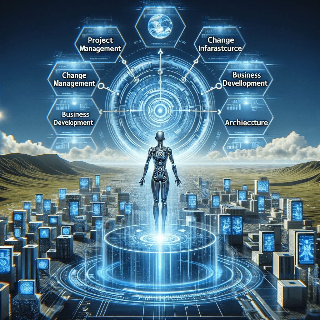 AI generated: Create a futuristic AI landscape with clear labels of tech roles. The image should visually represen...