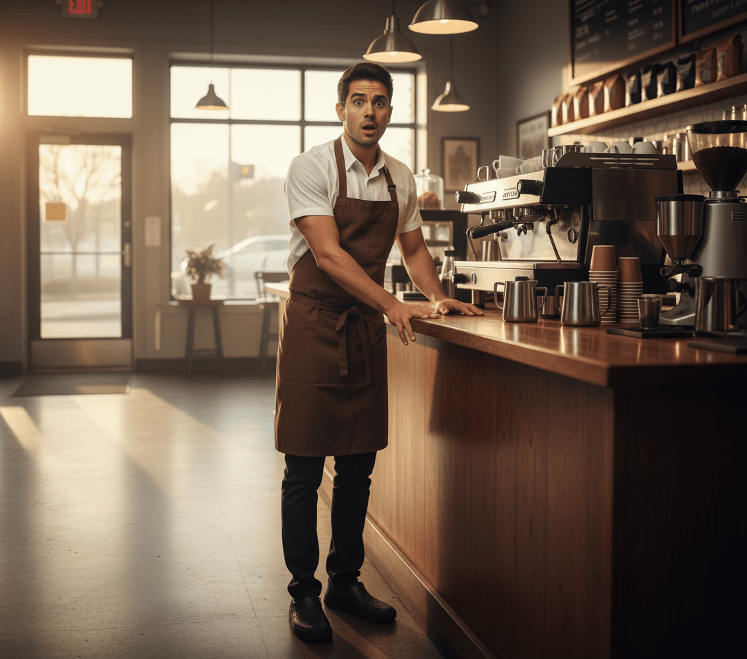 AI generated: At a coffee shop. There are no customers. It's dawning light. The Hispanic male barista is BEHIND th...