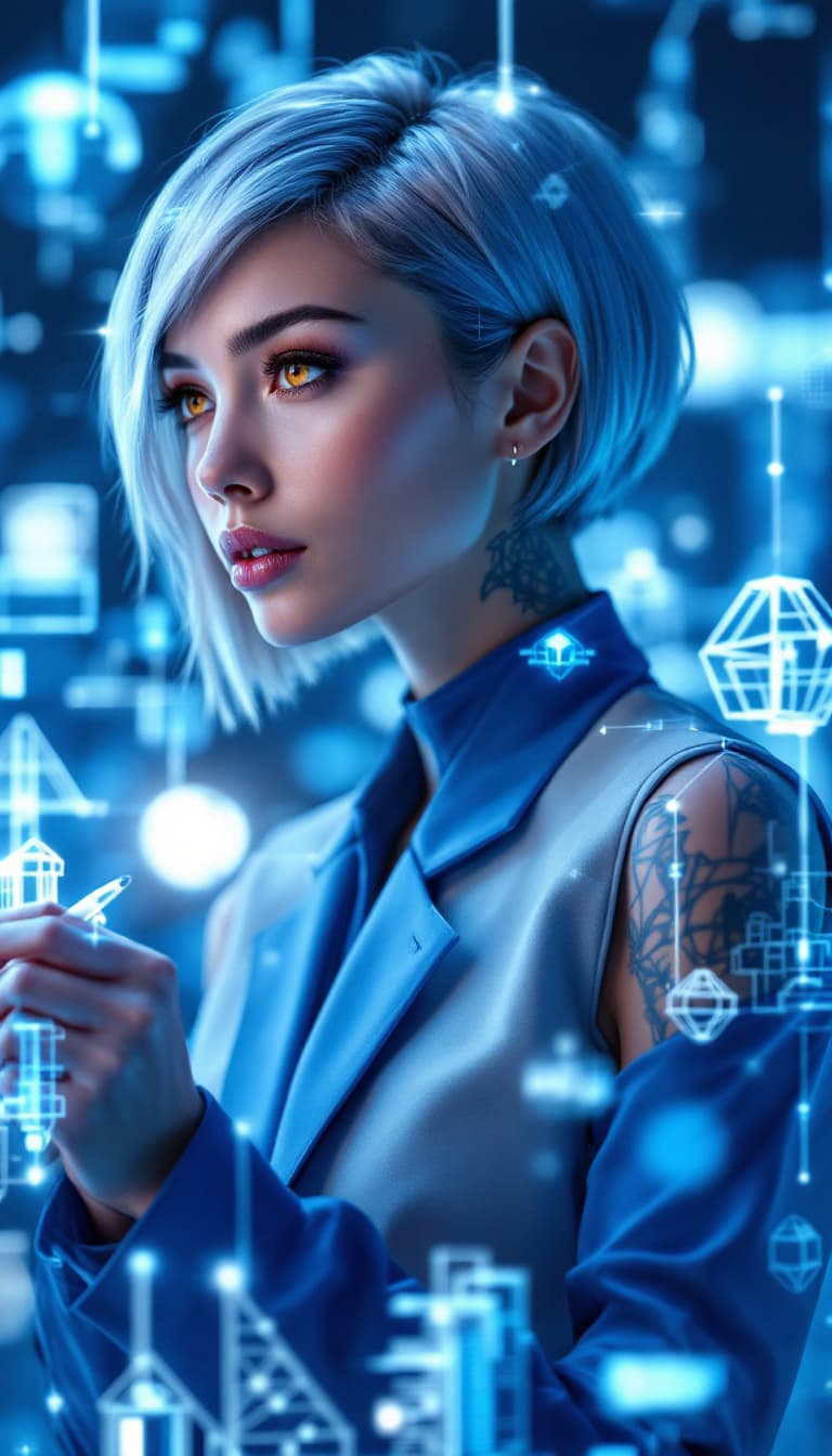 AI generated: An ultra-realistic, full-body action shot of a captivating sapphire architect, exuding creativity an...