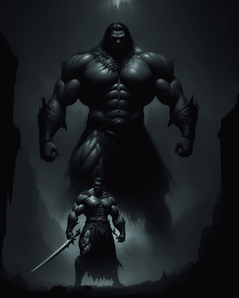 AI generated: A captivating dark fantasy illustration of a massive muscular hero standing in the background, fight...