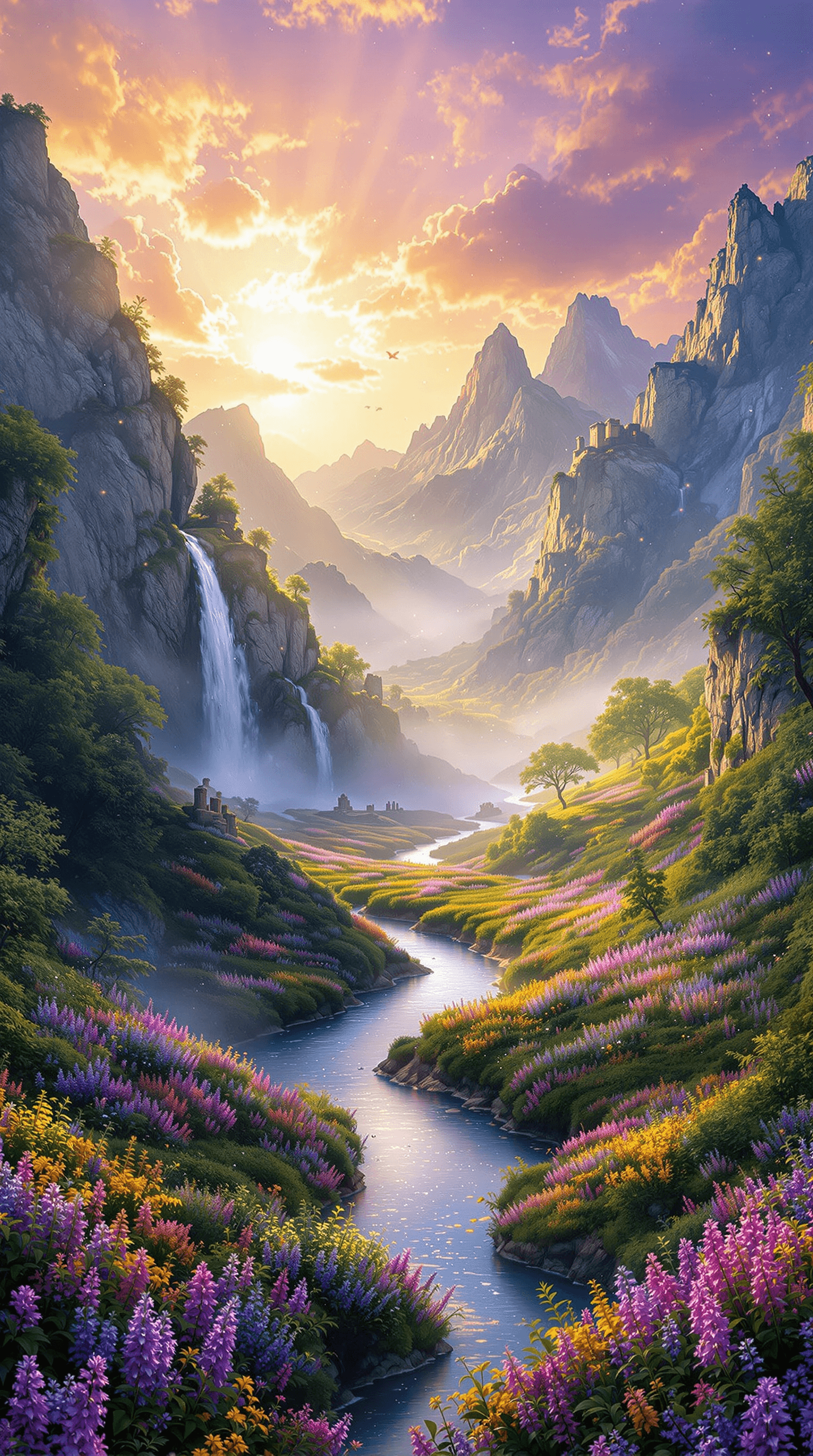 AI generated: A breathtaking fantasy landscape featuring towering, majestic mountains covered in lush green vegeta...
