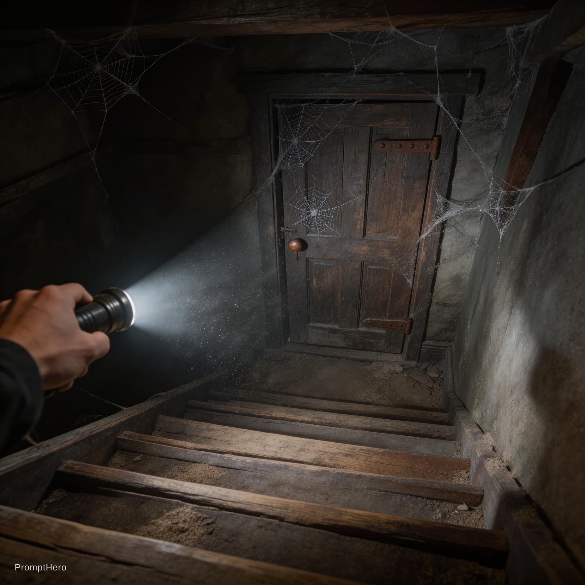 AI generated: POV shot, walking down creaky wooden stairs into a dusty dark basement, a heavy wooden door that has...