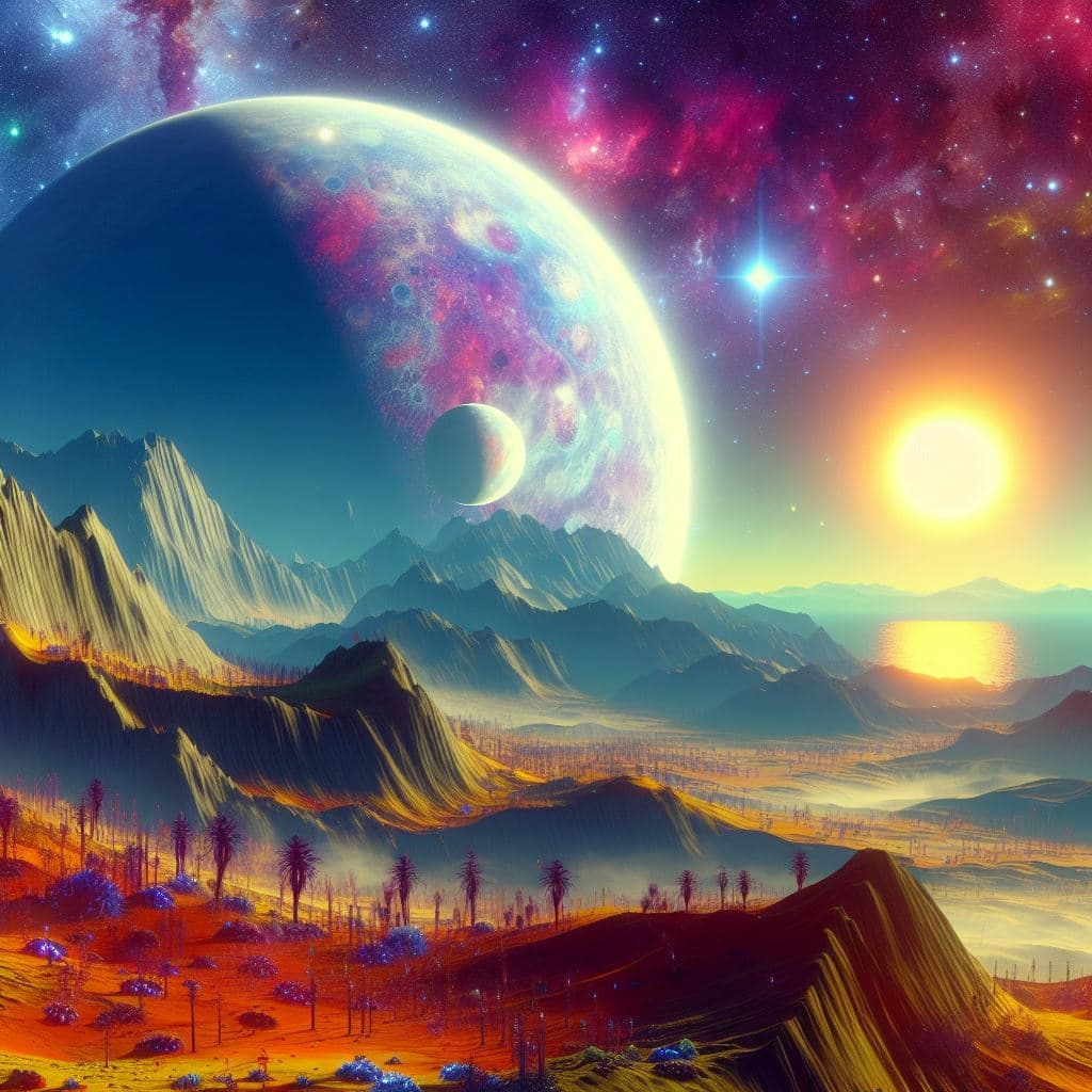 AI generated: on a alien moon,very beautiful,,colourful, mountains, alien fauna and flora, nebulas, Giant planet a...