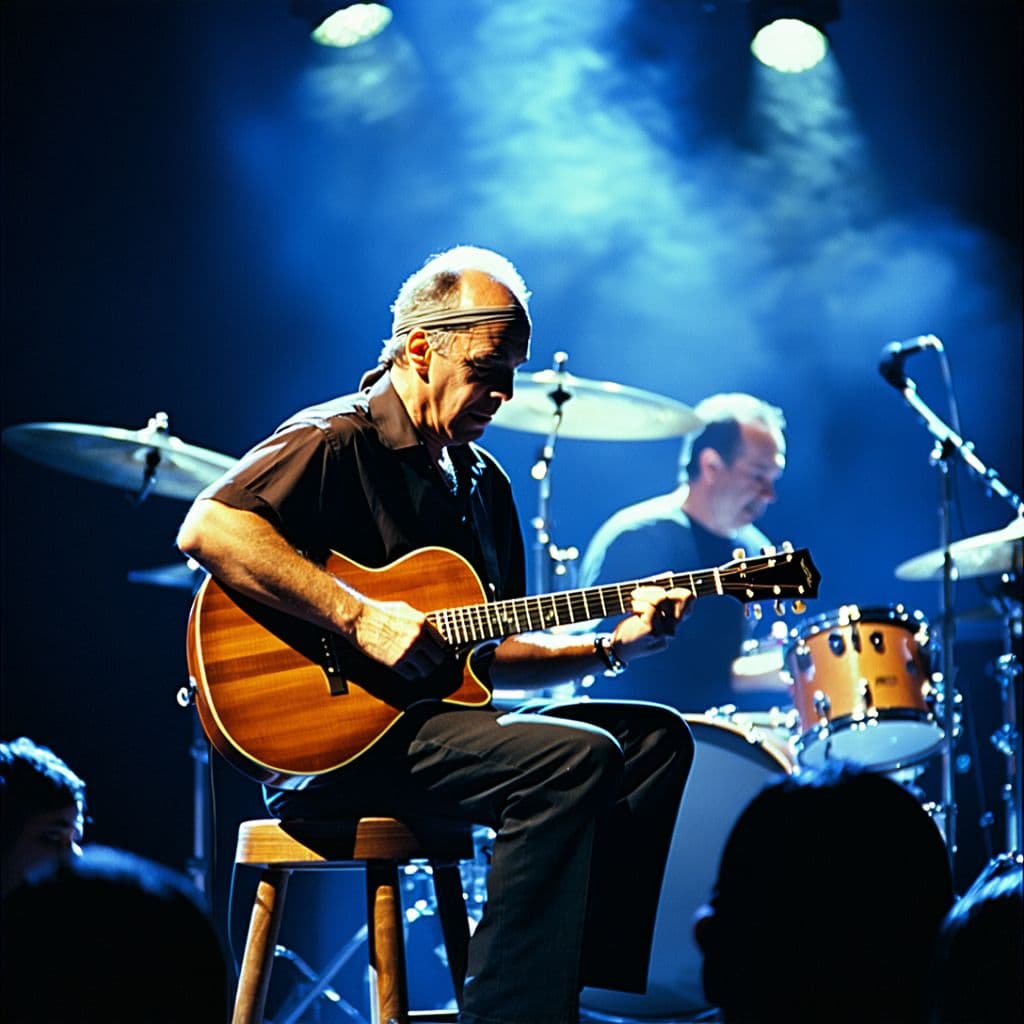 AI generated: Mark Knopfler performing live on stage in the 1980s, sitting on a wooden stool, wearing a headband, ...