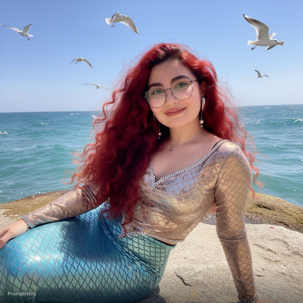 AI generated: siren, shimmering tail, curly red hair, sunning on a rock, azure sea, seagulls soaring, close up