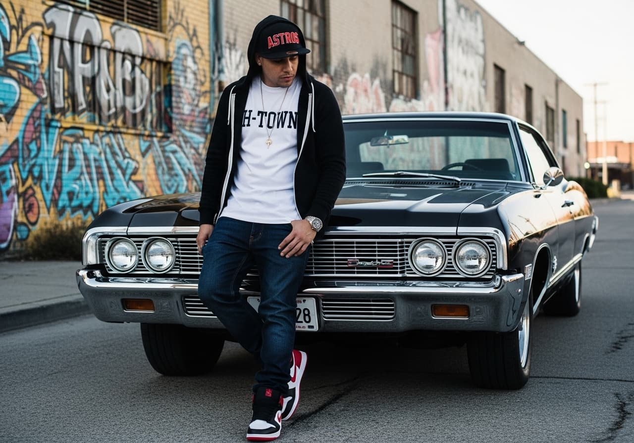 AI generated: a urban hispanic slim man wearing a zipped up black hoodie, white shirt that says "H-TOWN", dark blu...