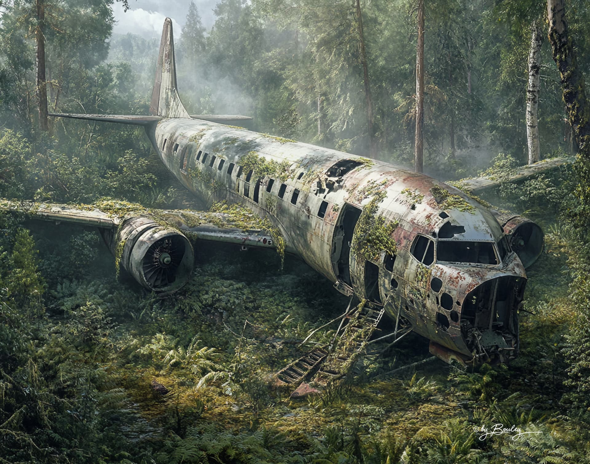 AI generated: abandoned plane in the forest, highly detailed, high-resolution, realistic, --ar 14:11 --personalize...