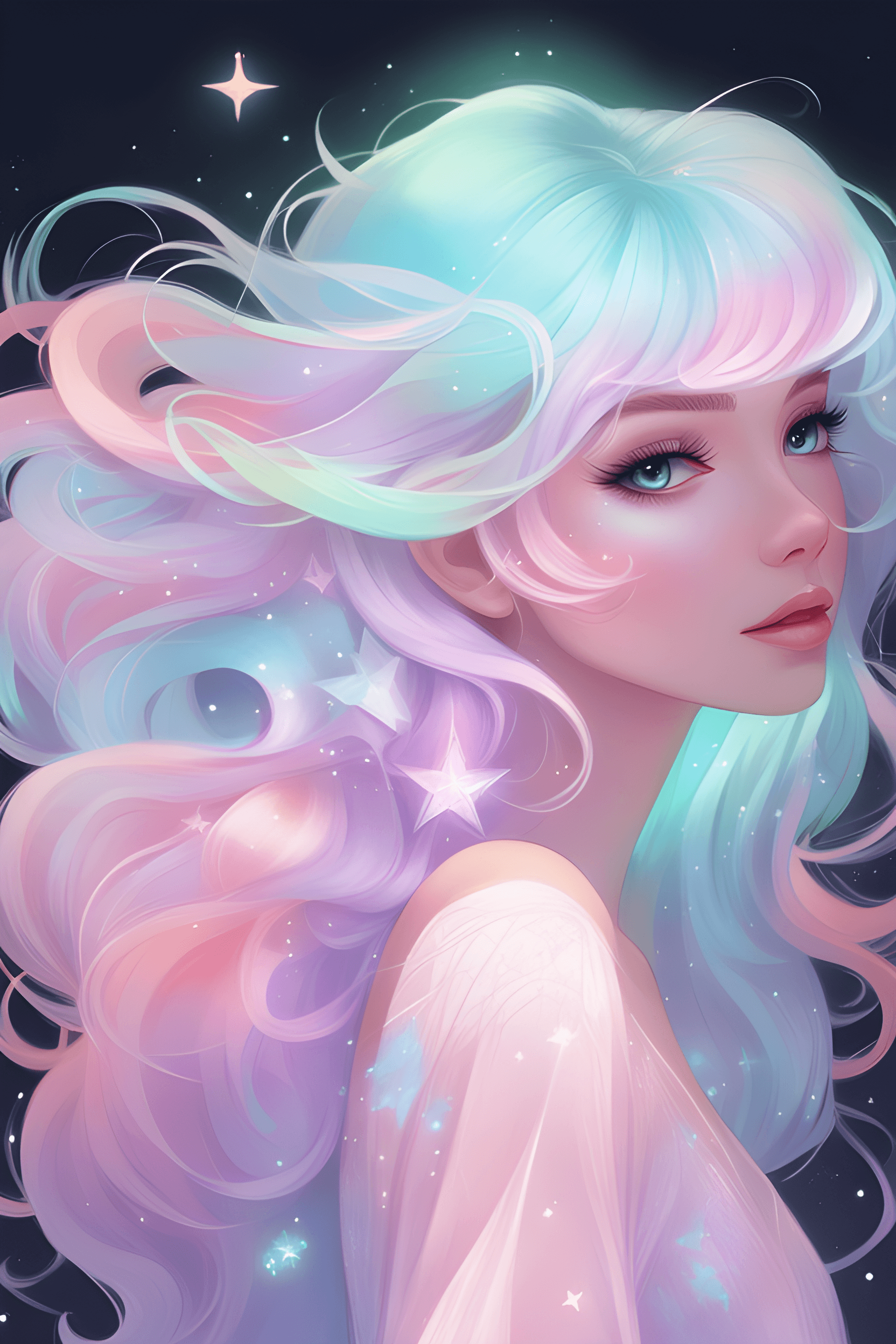 AI generated: a close up of a woman with long hair and a star in her hair, rossdraws pastel vibrant, anime girl wi...