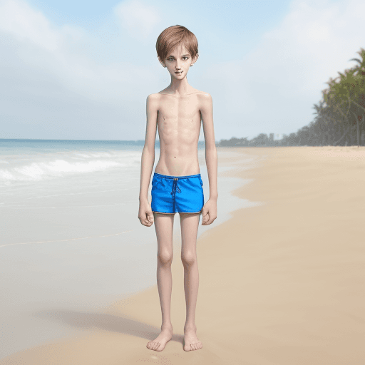 AI generated: boy at the beach in swimming trunks
tall and lanky body