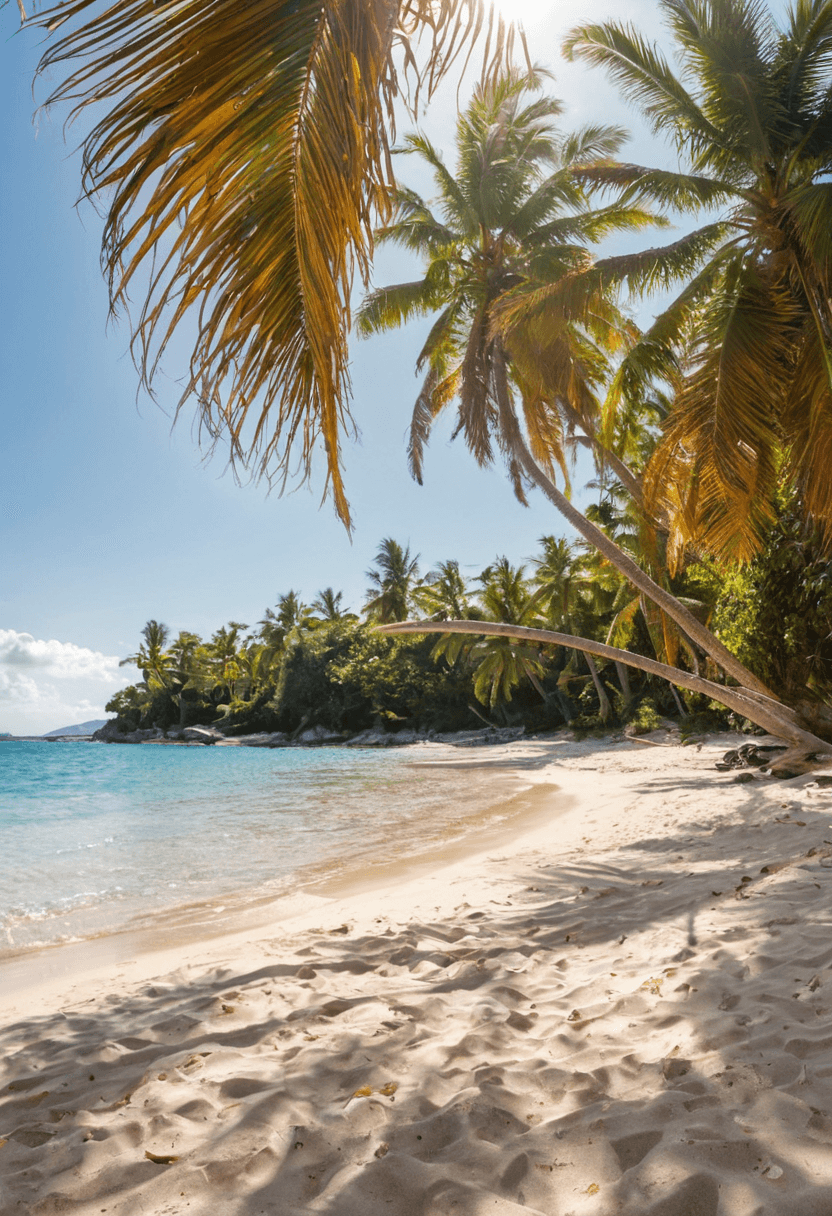 AI generated: A vibrant, sunlit beach with golden sands and crystal-clear waters, dotted with tall palm trees that...