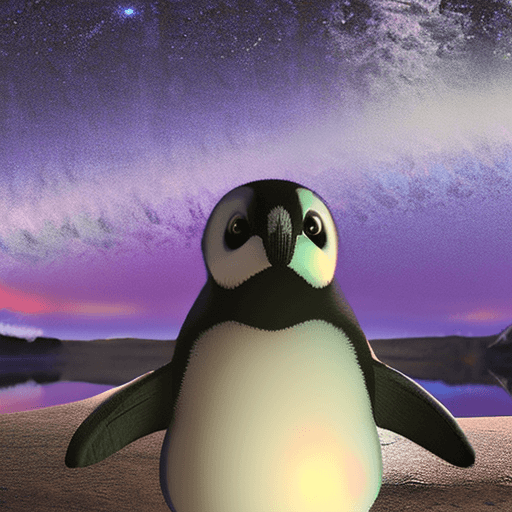AI generated: pair of magical young baby penguins by a frozen lake, looking at the earth, reflection on lake, real...