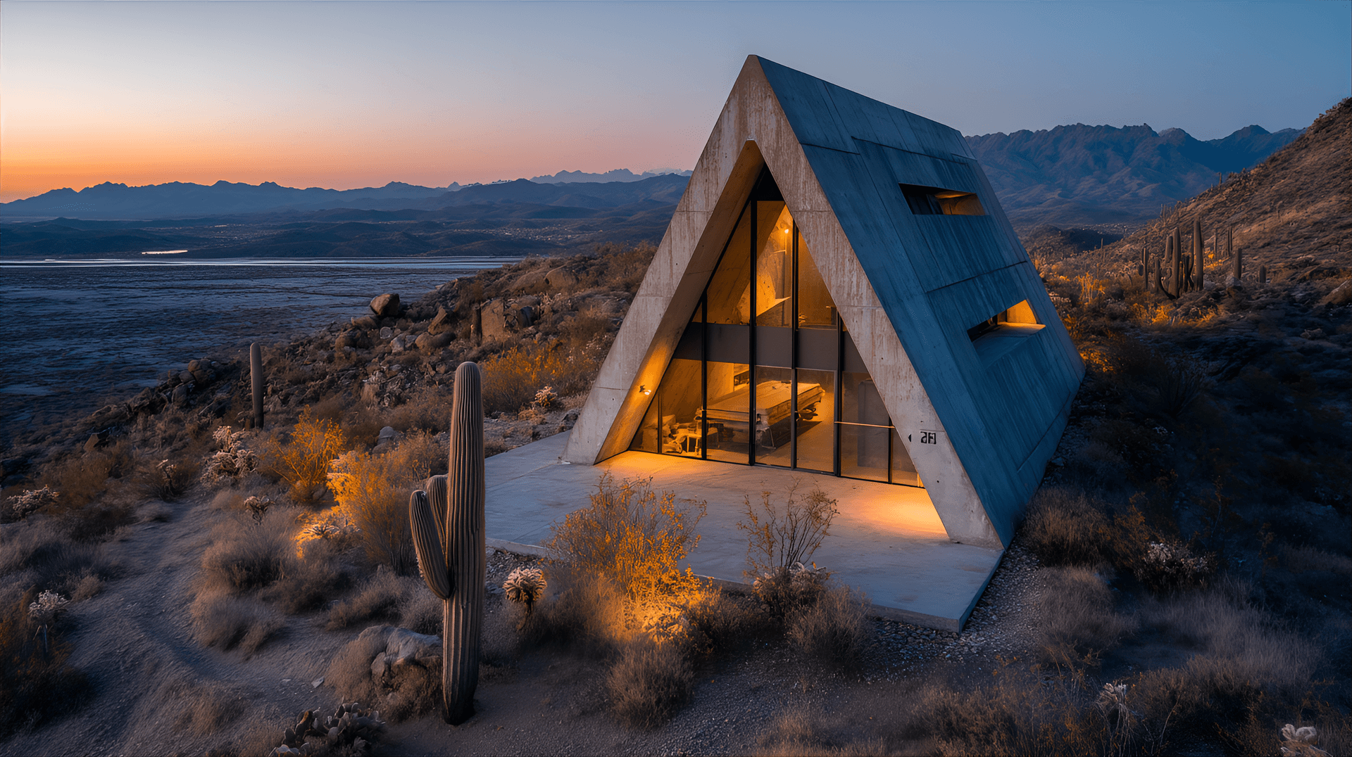 AI generated: modern, triangular concrete house nestled in a desert landscape at twilight, dramatic desert sunset,...