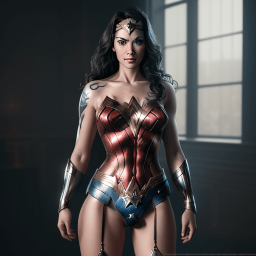 AI generated: Wonder Woman, happy, tattoo, metal lingerie, (tattoos) , (full body visible) , looking at viewer, po...