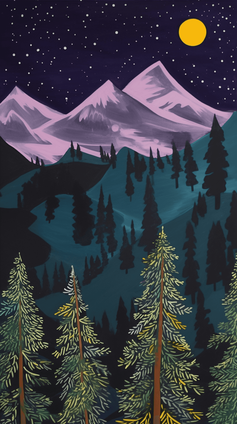 AI generated: A serene mountain scene, with tall pines in the foreground, in the style of a Arte Povera painting, ...