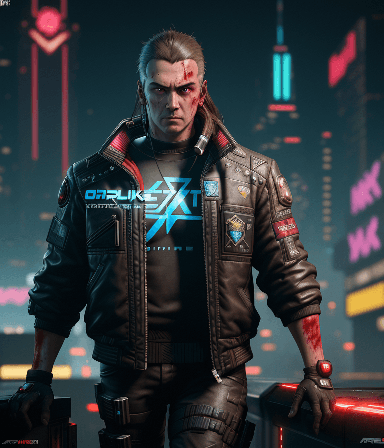 AI generated: a male protagonist of cyberpunk 2077 with a big jowline,a tuft, brown hair, red eyes, oily complexio...