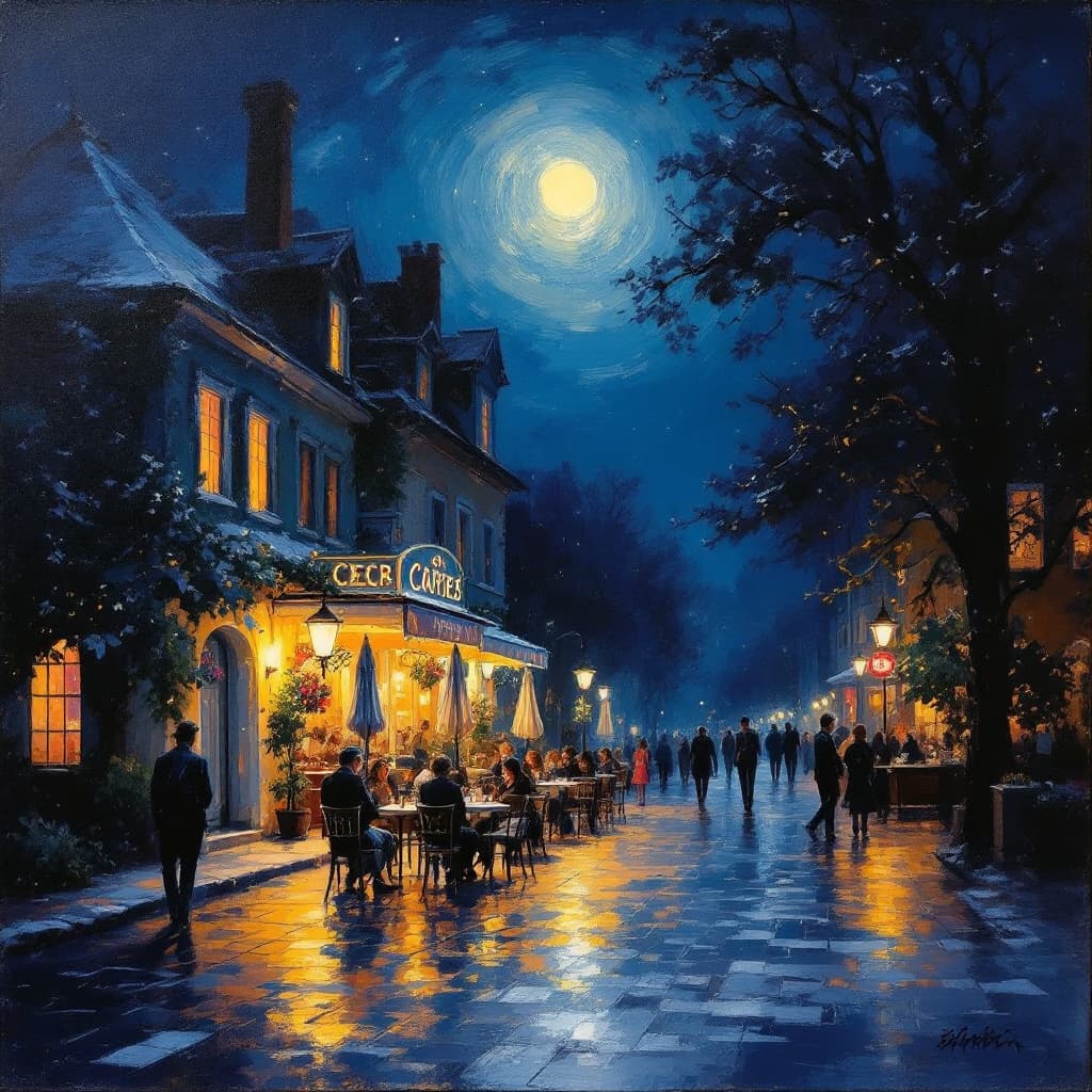 AI generated: oil painting of night street with cafe in the style of Sargent, lights, people walking around, brigh...