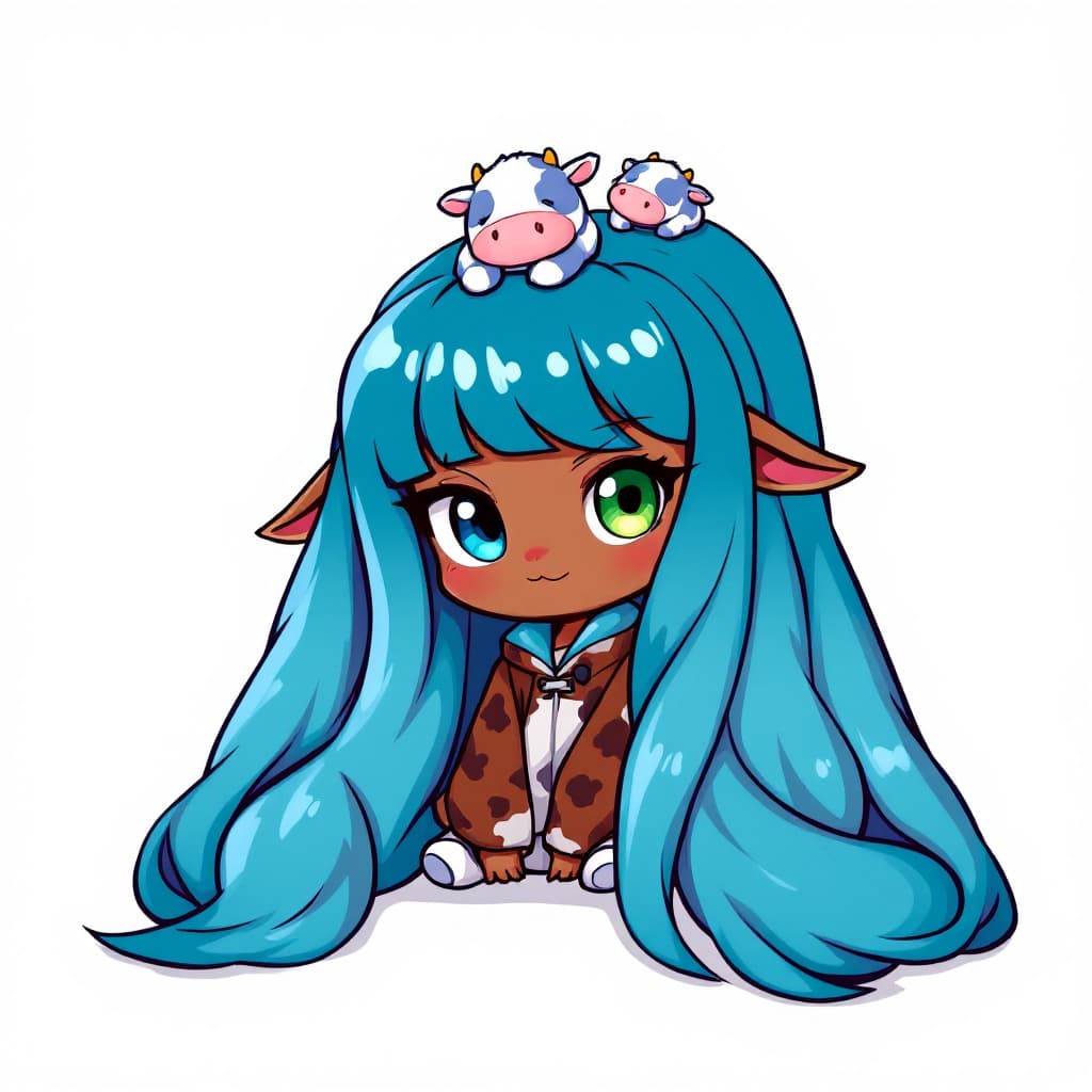 AI generated: best quality,Teal theme,outline,
(chibi:1.2),(absurdly long hair,gradient hair:1.2), mini blue cows ...