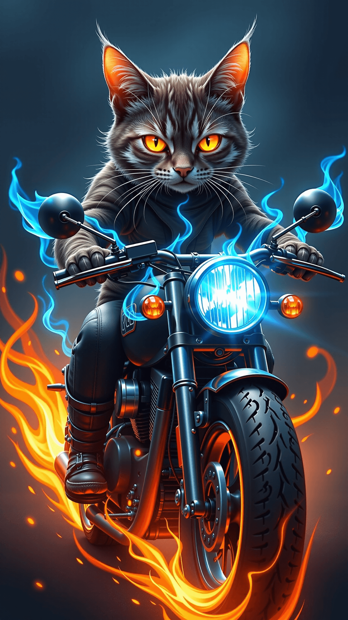 AI generated: A realistic anthropomorphic cat riding a motorcycle, with sleek fur and sharp features. The catâs ...