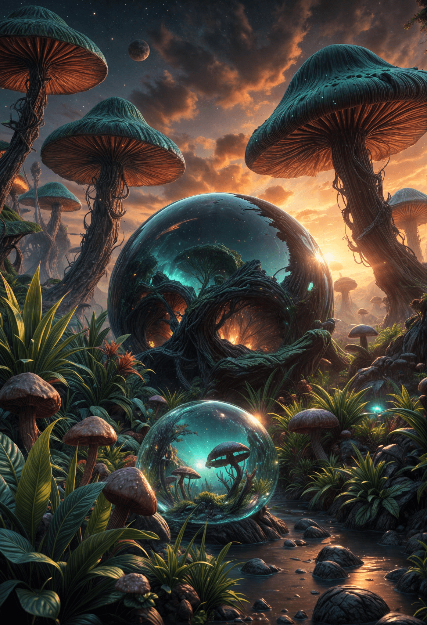 AI generated: Fantasy landscape, dynamic lights, glowing emerald, nebulas, sunset,,8k photorealistic eternal  ambi...