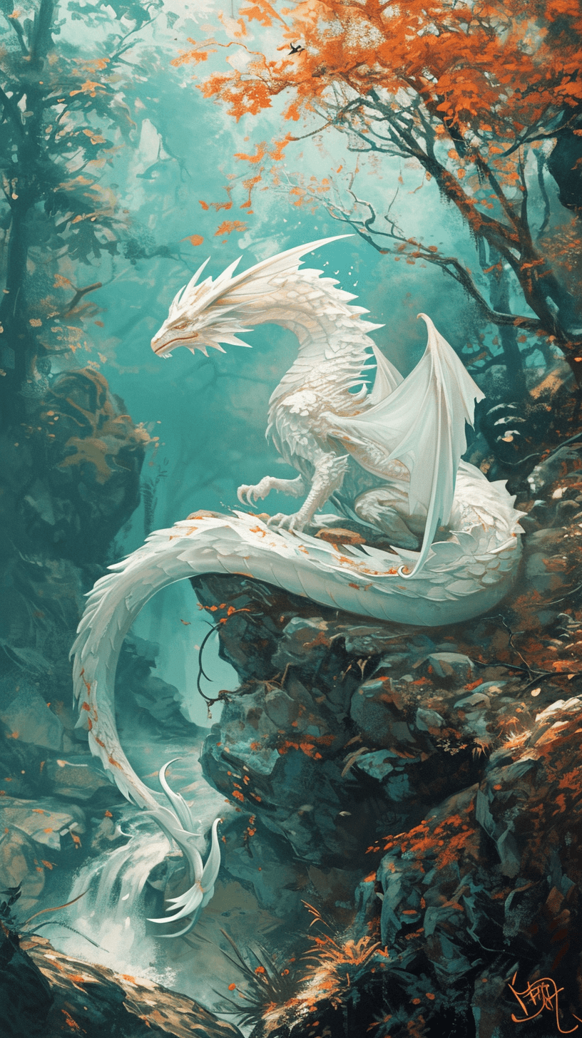 AI generated: a white dragon painting on a riverbed of woods, in the style of bright color palettes, playful chara...