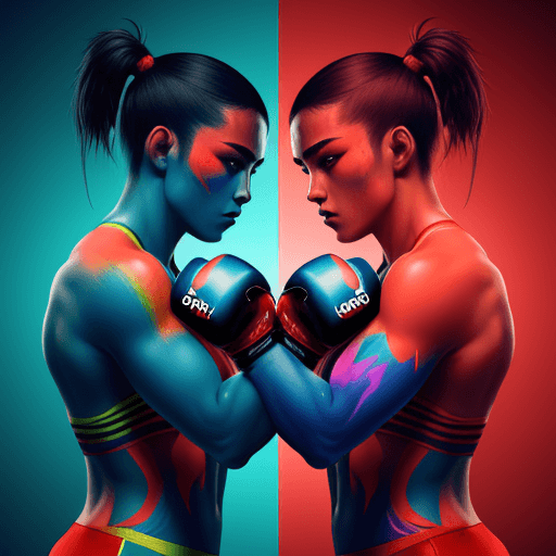 AI generated: Duotone colors art, two kickboxing players in Olympic games, Championship moment, decorated with det...
