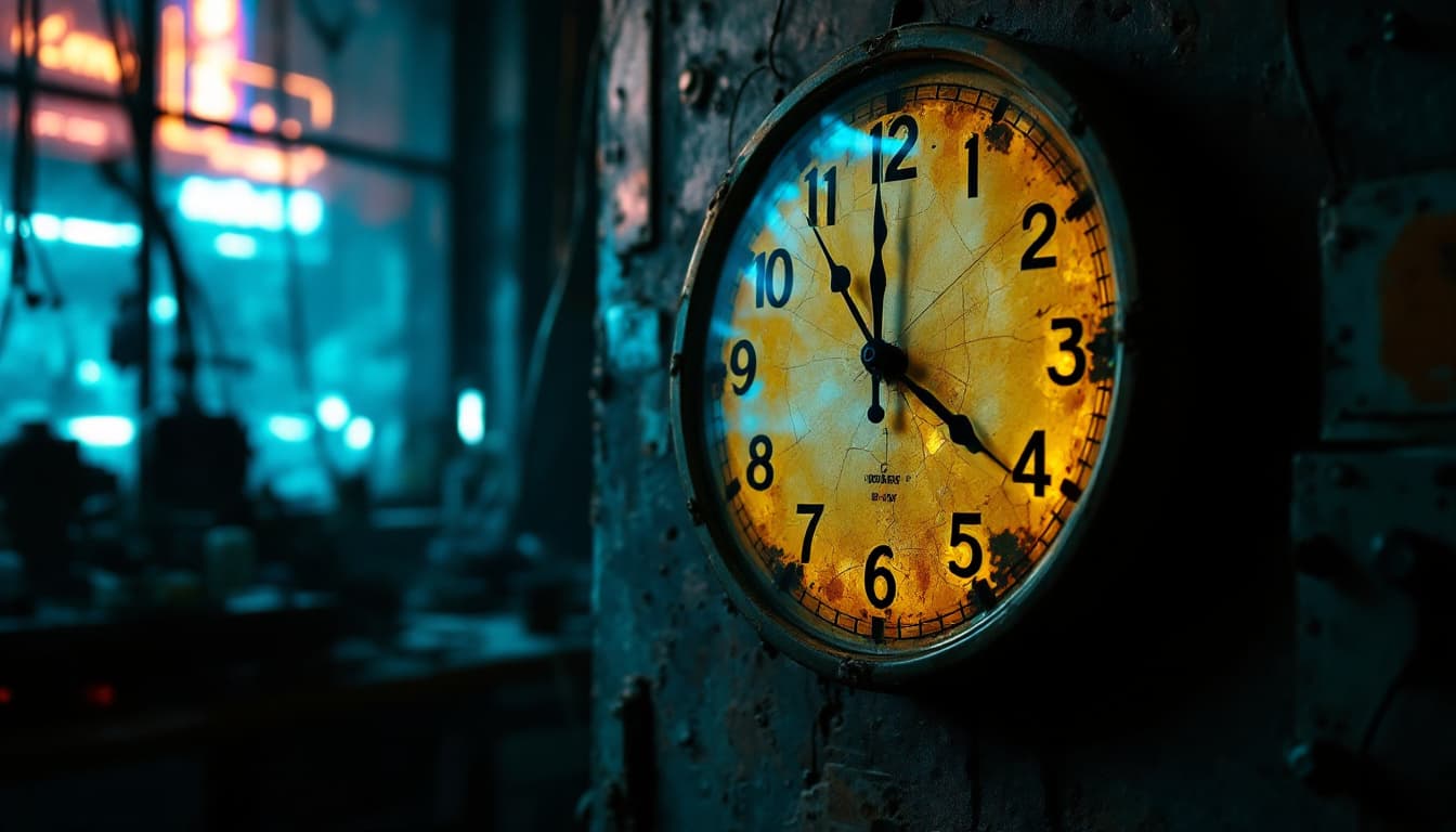 AI generated: Hyper-realistic close-up of an old wall clock hanging in Raj’s dimly lit lab. The clock, a dust-cove...