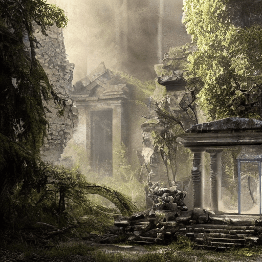 AI generated: temple in ruines, forest, stairs, columns, cinematic, detailed, atmospheric, epic, concept art, Matt...