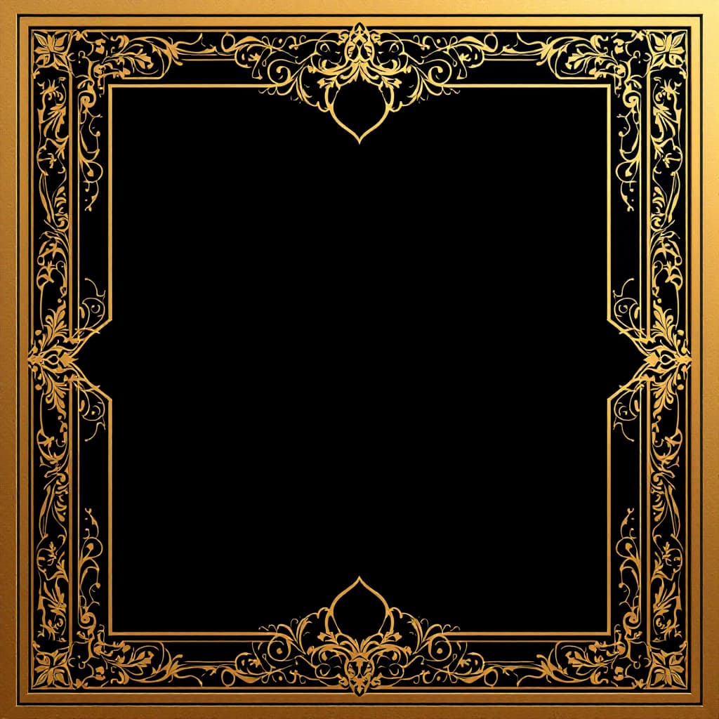 AI generated: a frame in Islamic design in gold black and green colors with large blank center to insert a verse. ...