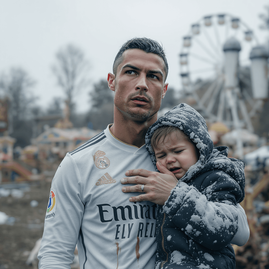 AI generated: Cristiano Ronaldo, jogador de futebol com expressão séria e levemente abatida, usando uniforme branc...