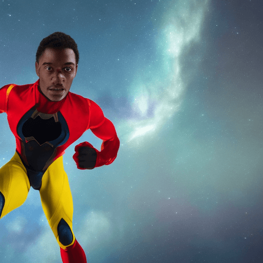 AI generated: a blackman in a red and yellow superhero suit  hold two sprays in front the midnight sky standing li...