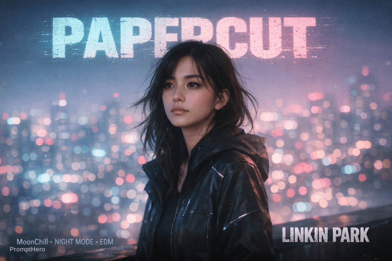 AI generated: { "meta": { "aesthetic_goal": "Ultra Realistic Cinematic Music Cover / Soft Cyberpunk Pastel", "vibe...