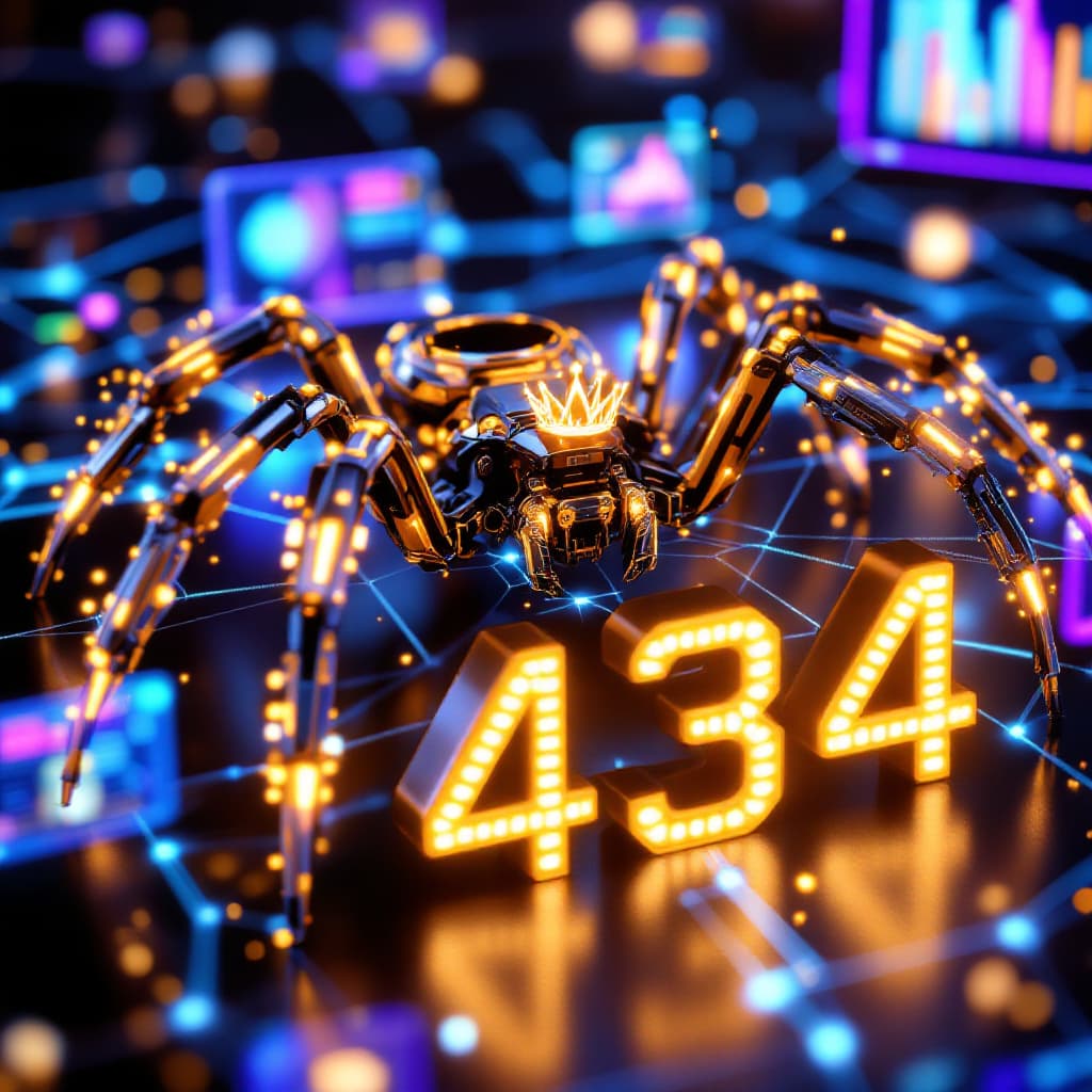 AI generated: A detailed illustration titled  The image showcases a futuristic digital spider extracting data from...