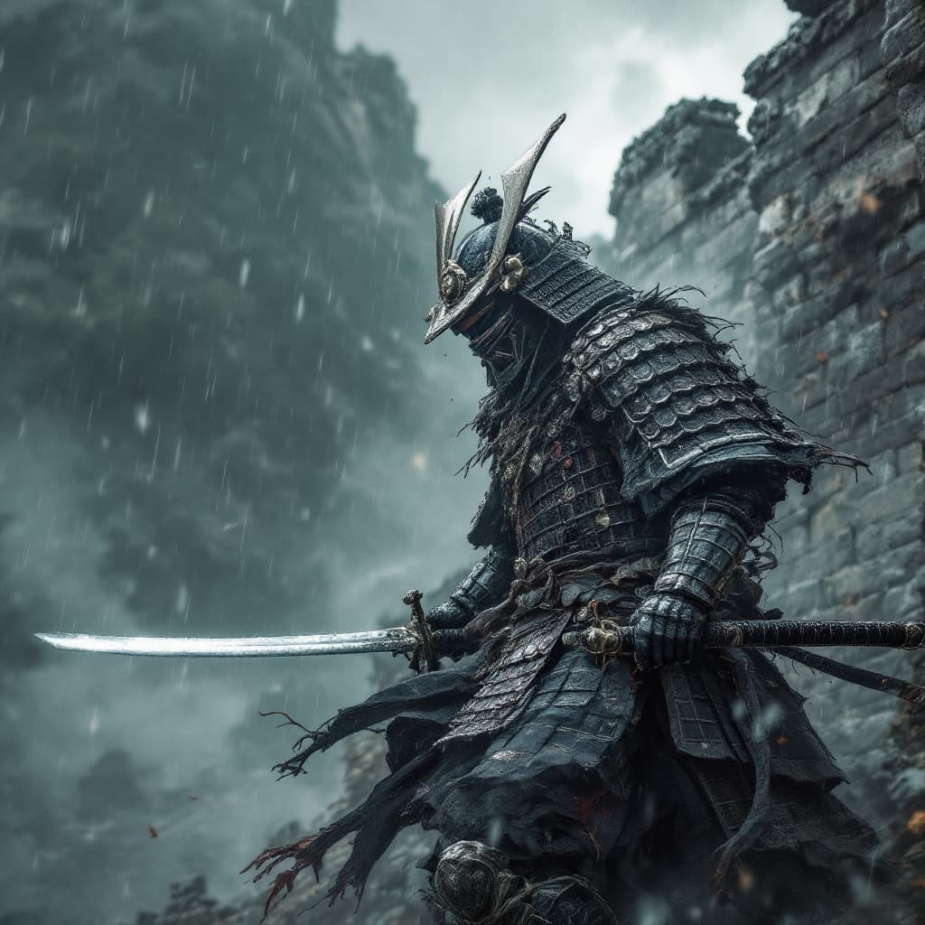 AI generated: un guerrero samurai,  de las familias mas importantes durante la dinastia ming, con su armadura relu...