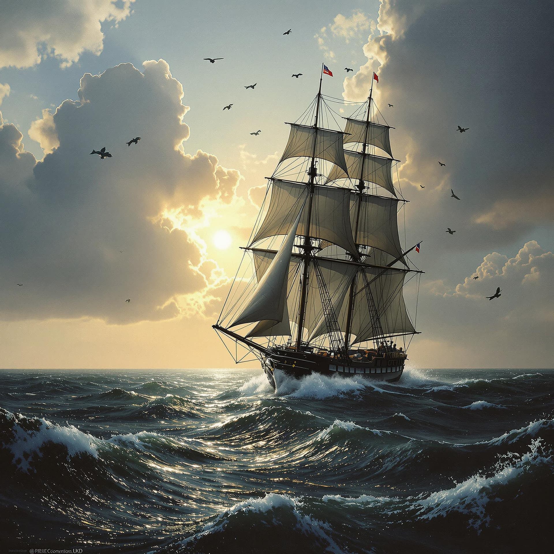 AI generated: An oil painting of three-masted black sailboat racing, Ocean birds overhead, fish and flying fish, A...