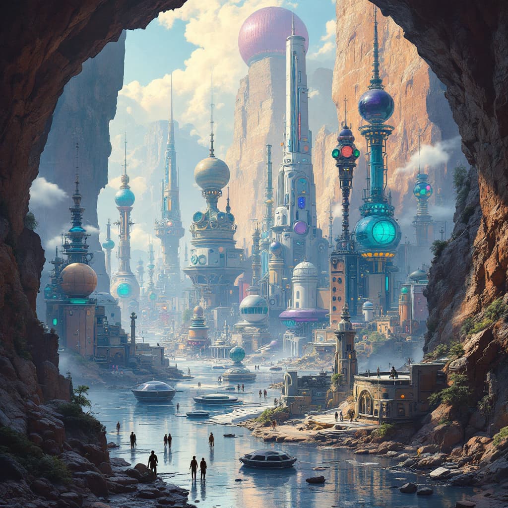 AI generated: Envision a city of the future, where futuristic retro sci-fi style buildings in shades of burnt sien...