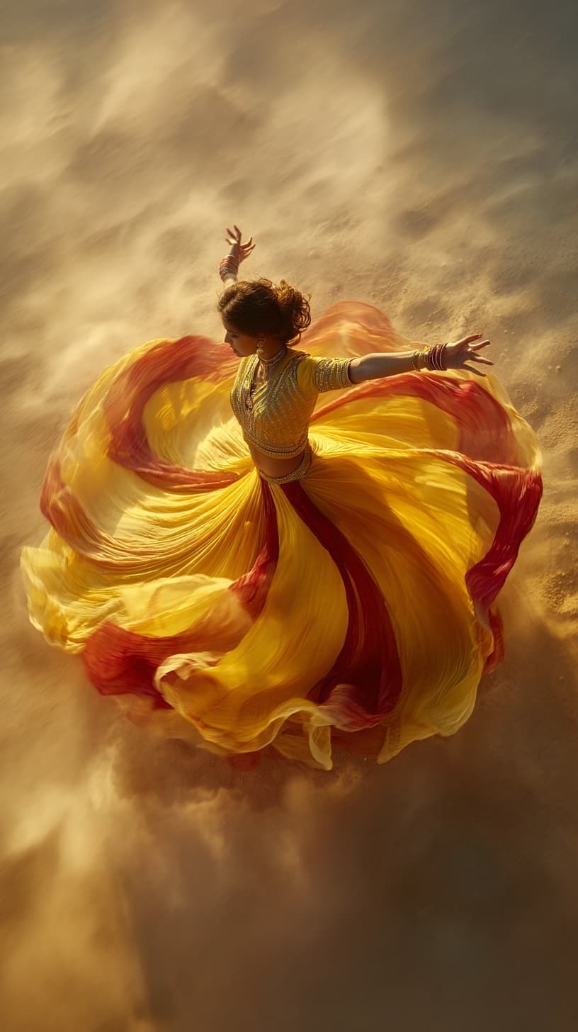 AI generated: A mesmerizing Indian female dancer captured in mid-whirl from a dramatic top-angle shot. She wears a...