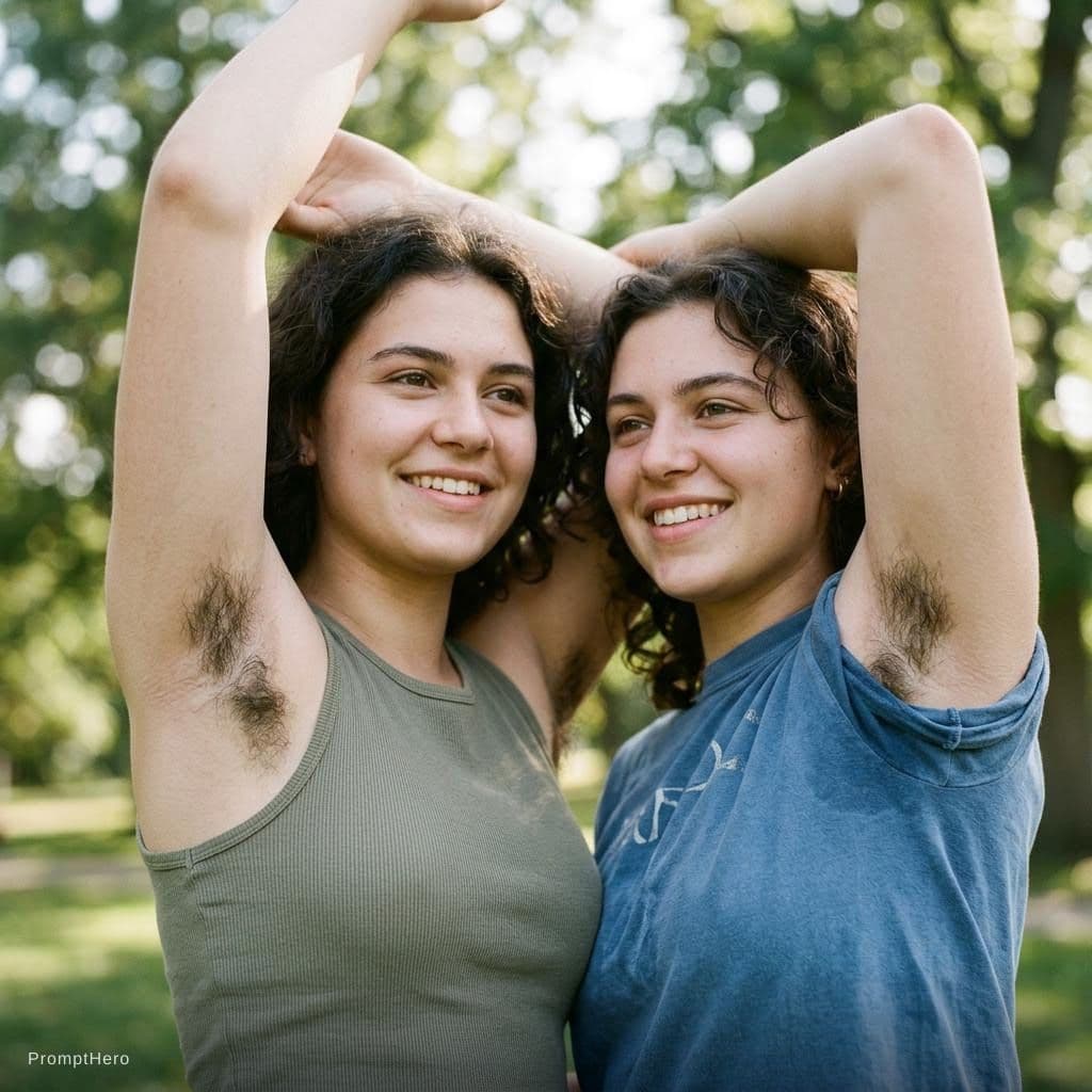 AI generated: 18 years girls unshaved armpits, very hairy, close up,both with both arms up, detailed armpits 