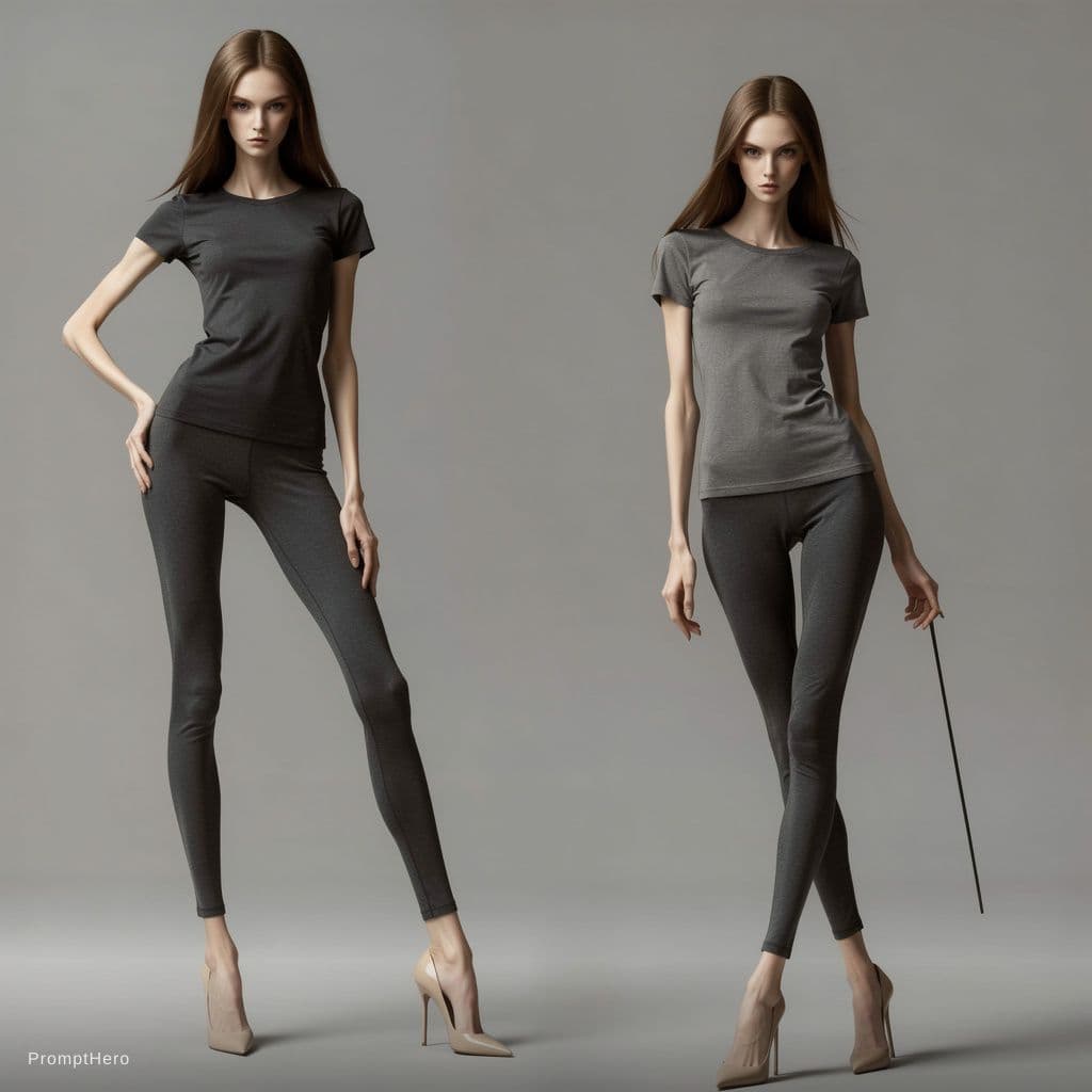 AI generated: photo of two  extremely skinny, flat-chested model with extreme long and skinny legs with extreme lo...
