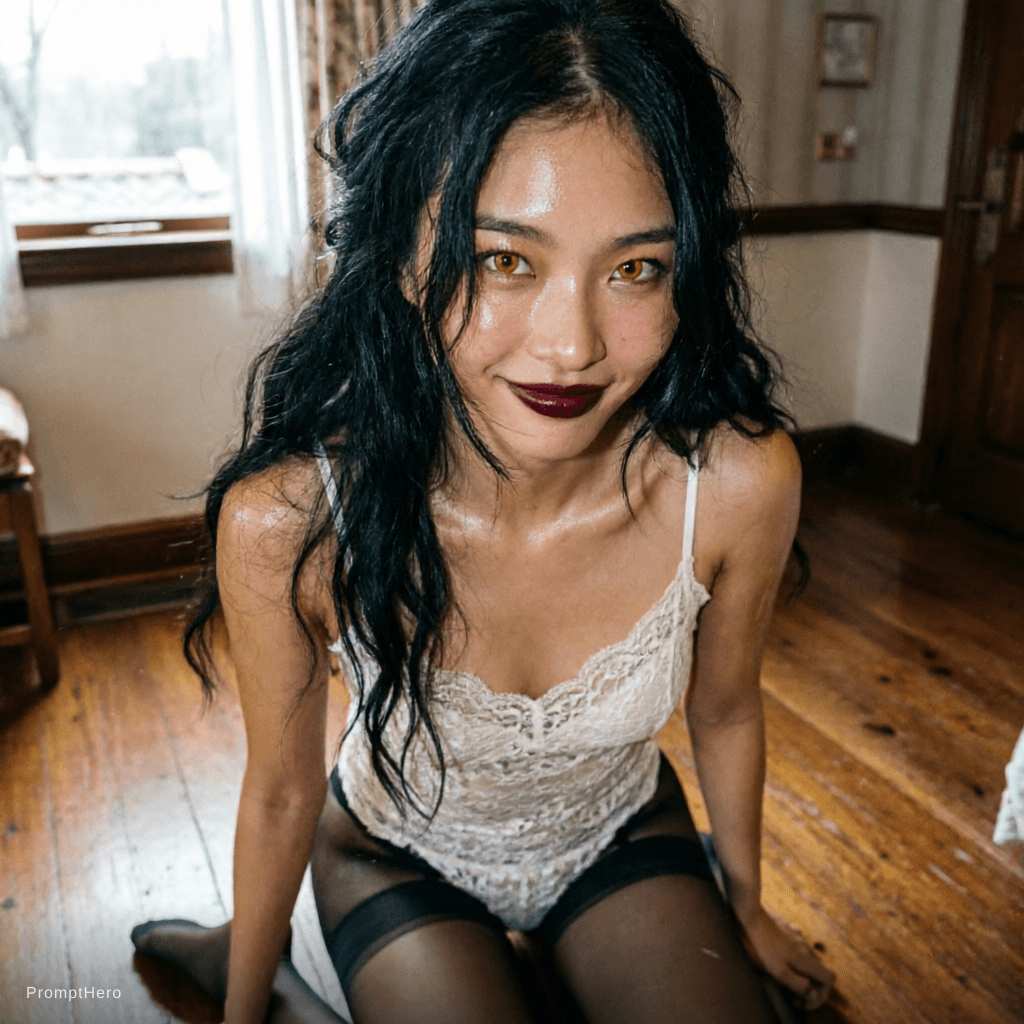 AI generated: A photo features a captivating woman with a warm complexion, her skin with a slightly oily appearanc...