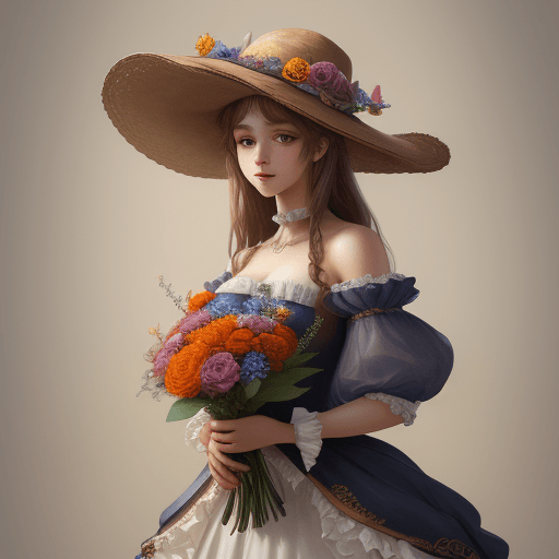 AI generated: a bouquet of beautiful girl in hat and with a bouquet of flowers,.intricate detail, complementary co...