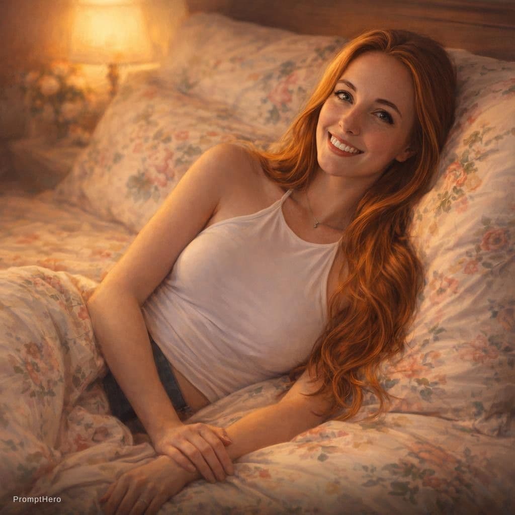 AI generated: Description: A graceful female figure reclining on a bed adorned with floral-patterned sheets, illum...