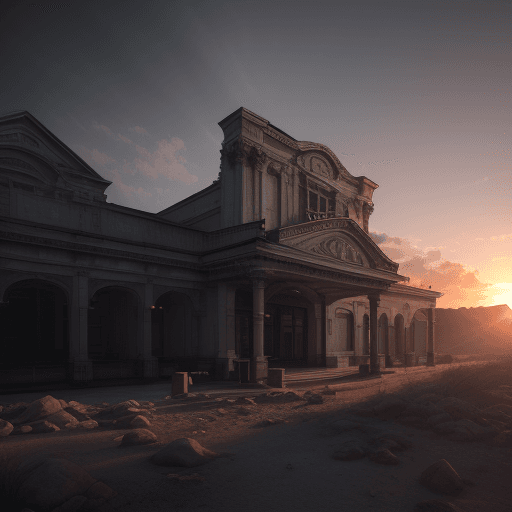 AI generated: Photo of a ultra realistic theatre, dramatic light, pale sunrise, cinematic lighting, battered, low ...