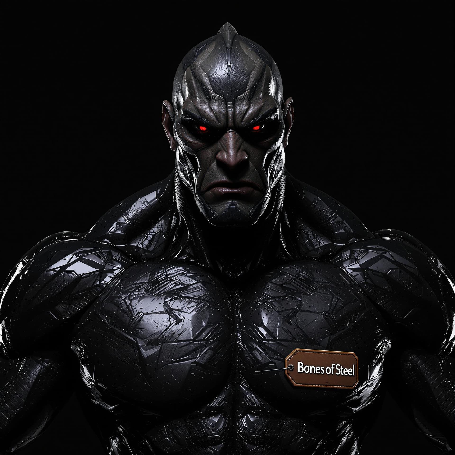 AI generated: dark background,Jumaru,3d realistic, , shiny, "BonesOfSteel" written on a tag on chest 